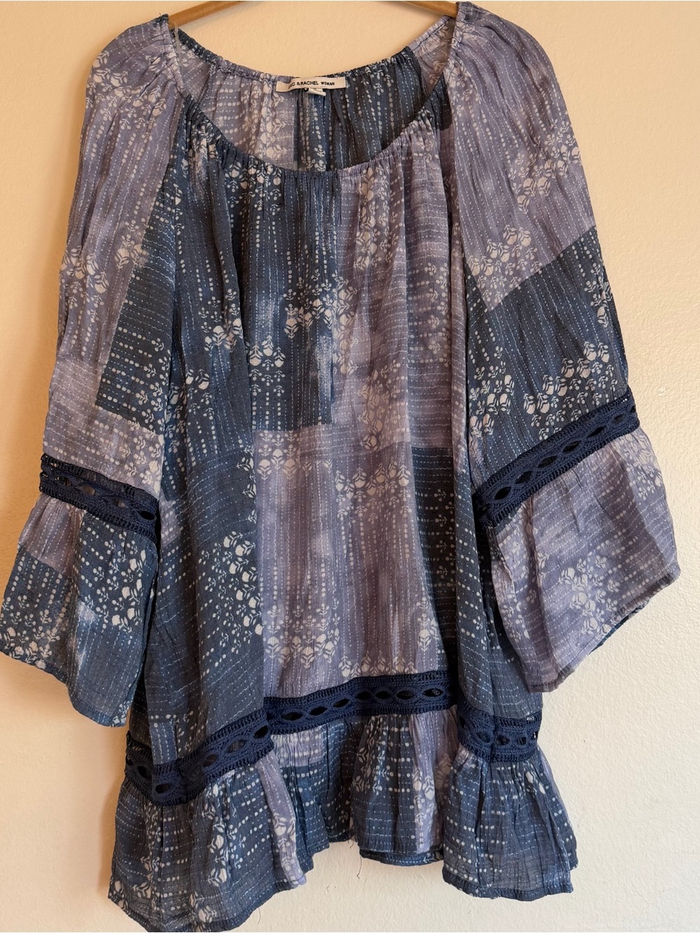 Zac & Rachel Navy and Gray Patchwork Peasant Tunic Artsy Top 3X Bell Sleeves